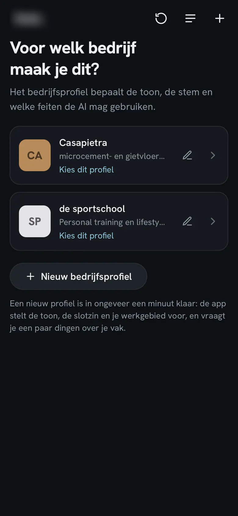 Startscherm van de reel-app met de vraag voor welk bedrijf je een reel maakt en twee profielen: Casapietra en een sportschool