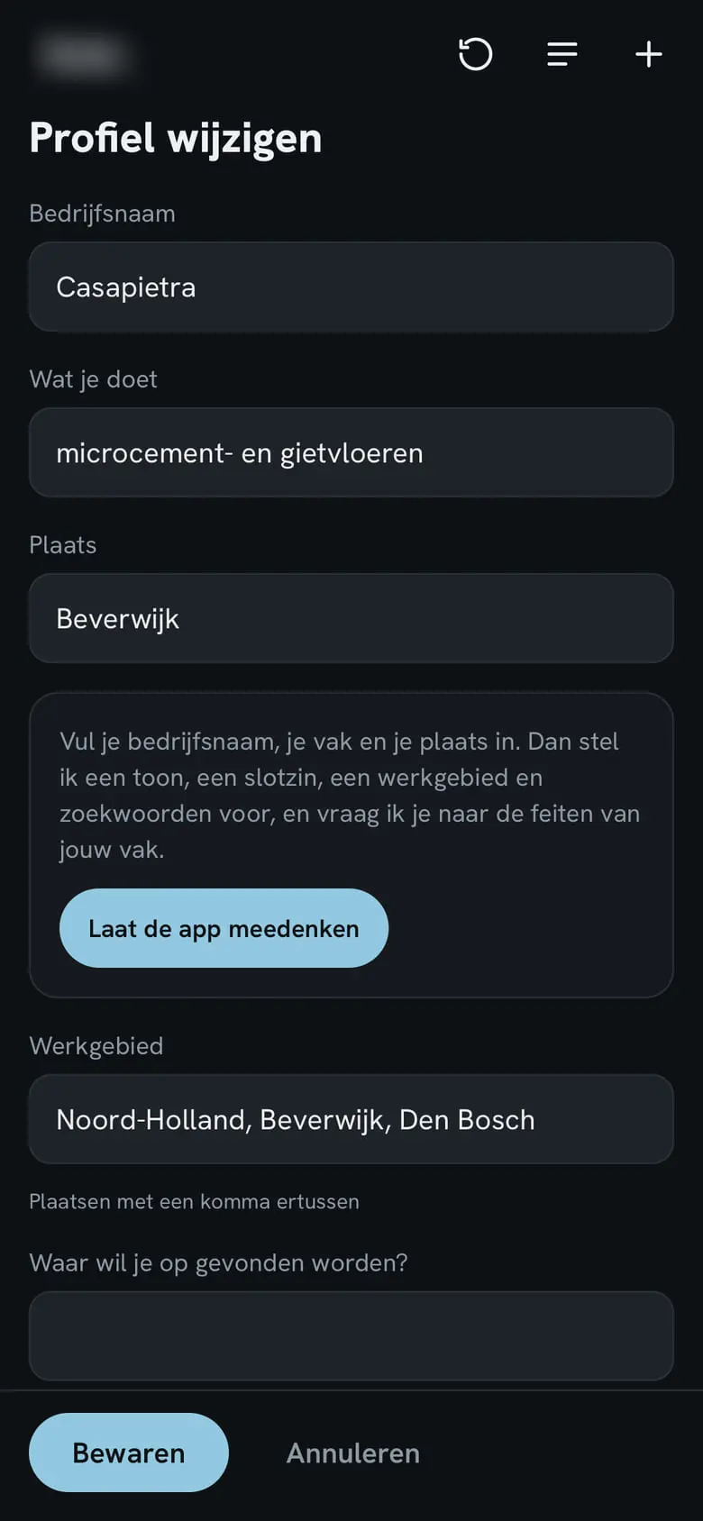 Profielscherm van de reel-app, ingevuld voor Casapietra: microcement- en gietvloeren in Beverwijk