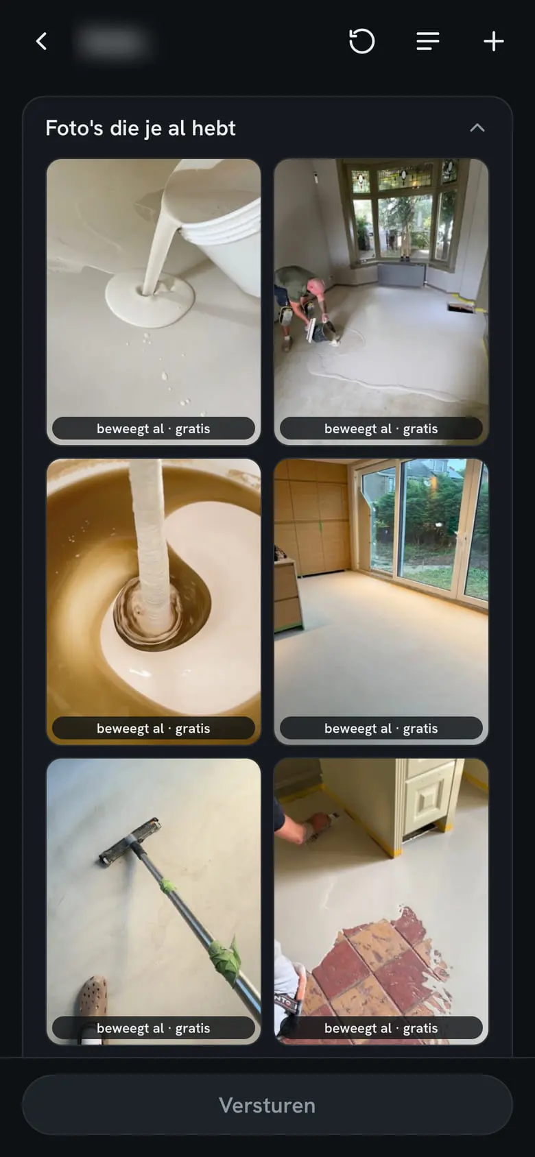 Uploadscherm met zes eerdere klusfoto’s van een gietvloer, elk met het merkje beweegt al, gratis