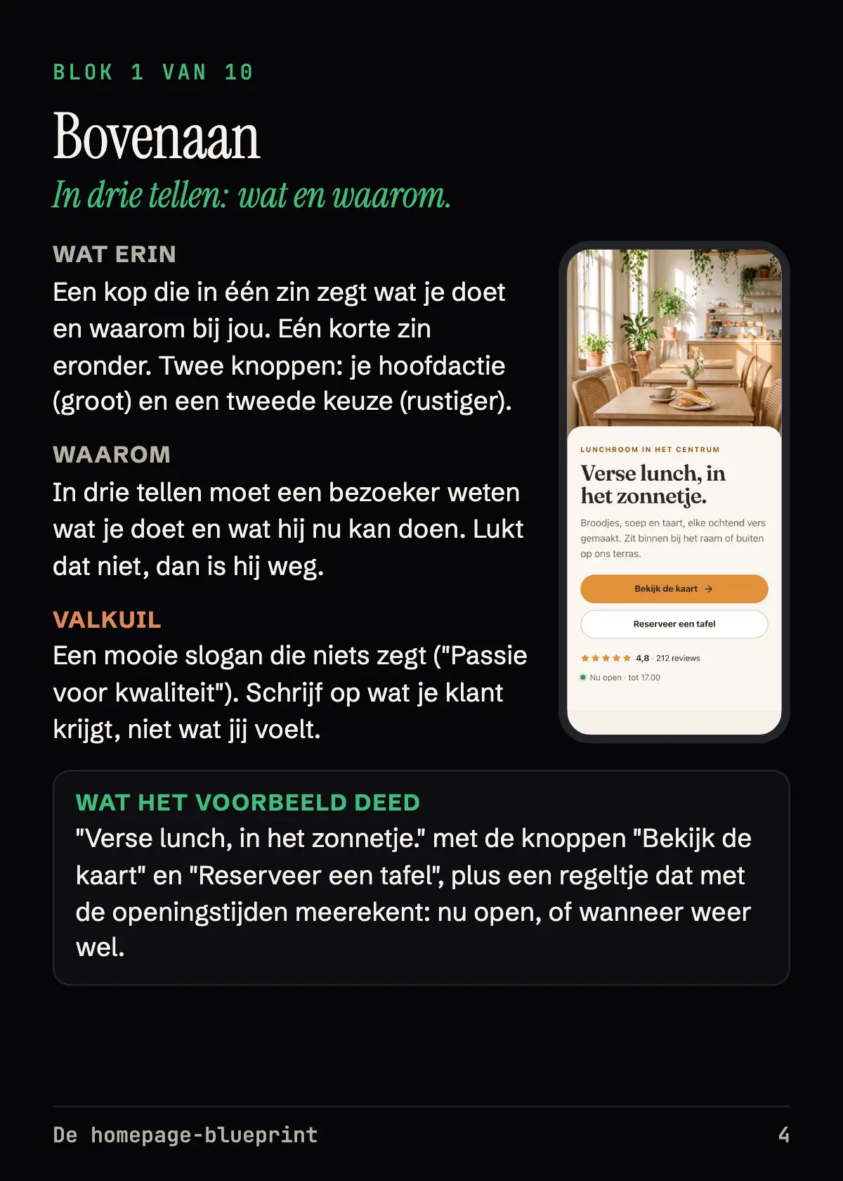 Pagina 4 van de homepage-blueprint: blok 1, Bovenaan, met wat erin staat, waarom, een valkuil en wat het voorbeeld deed.