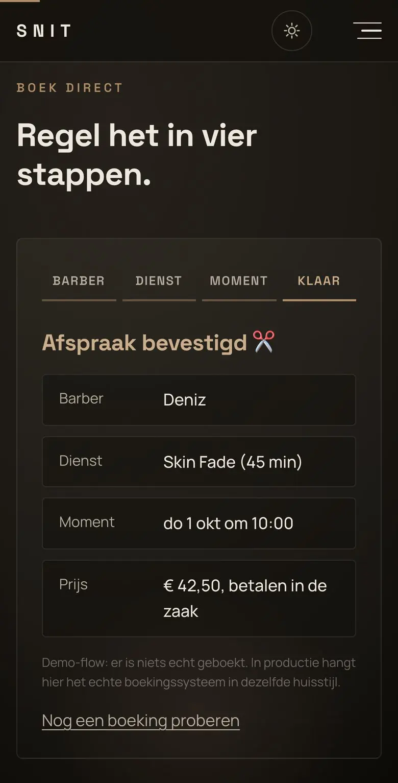 Het boekscherm van SNIT op een telefoon, laatste stap: afspraak bevestigd met barber, dienst, moment en prijs