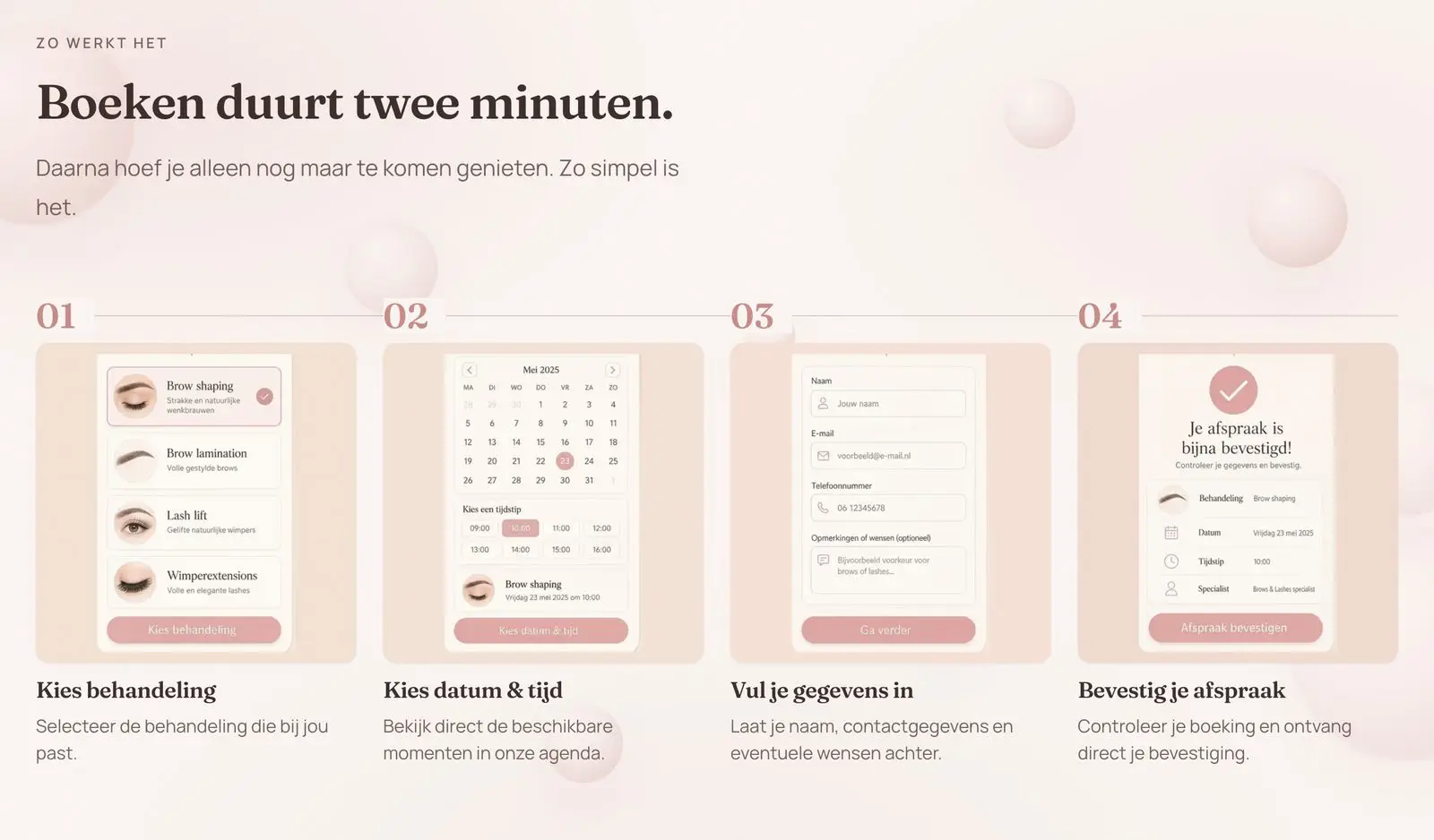 Het blok 'Boeken duurt twee minuten' op lumebeaute.nl: vier stappen, van behandeling kiezen tot bevestigen.