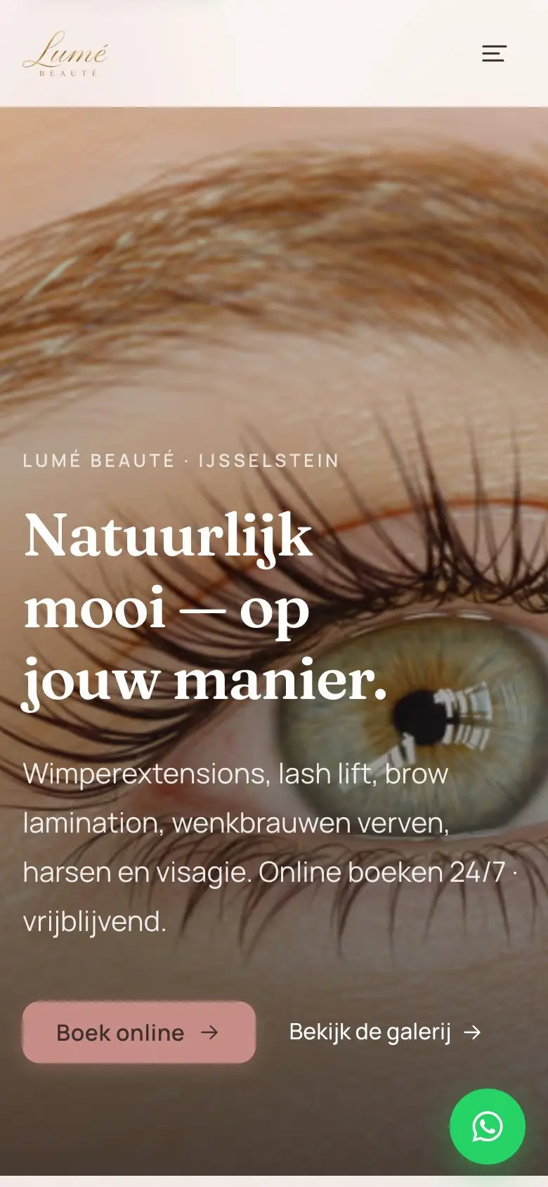 Dezelfde bovenkant op een telefoon, met een groene knop voor WhatsApp rechtsonder.