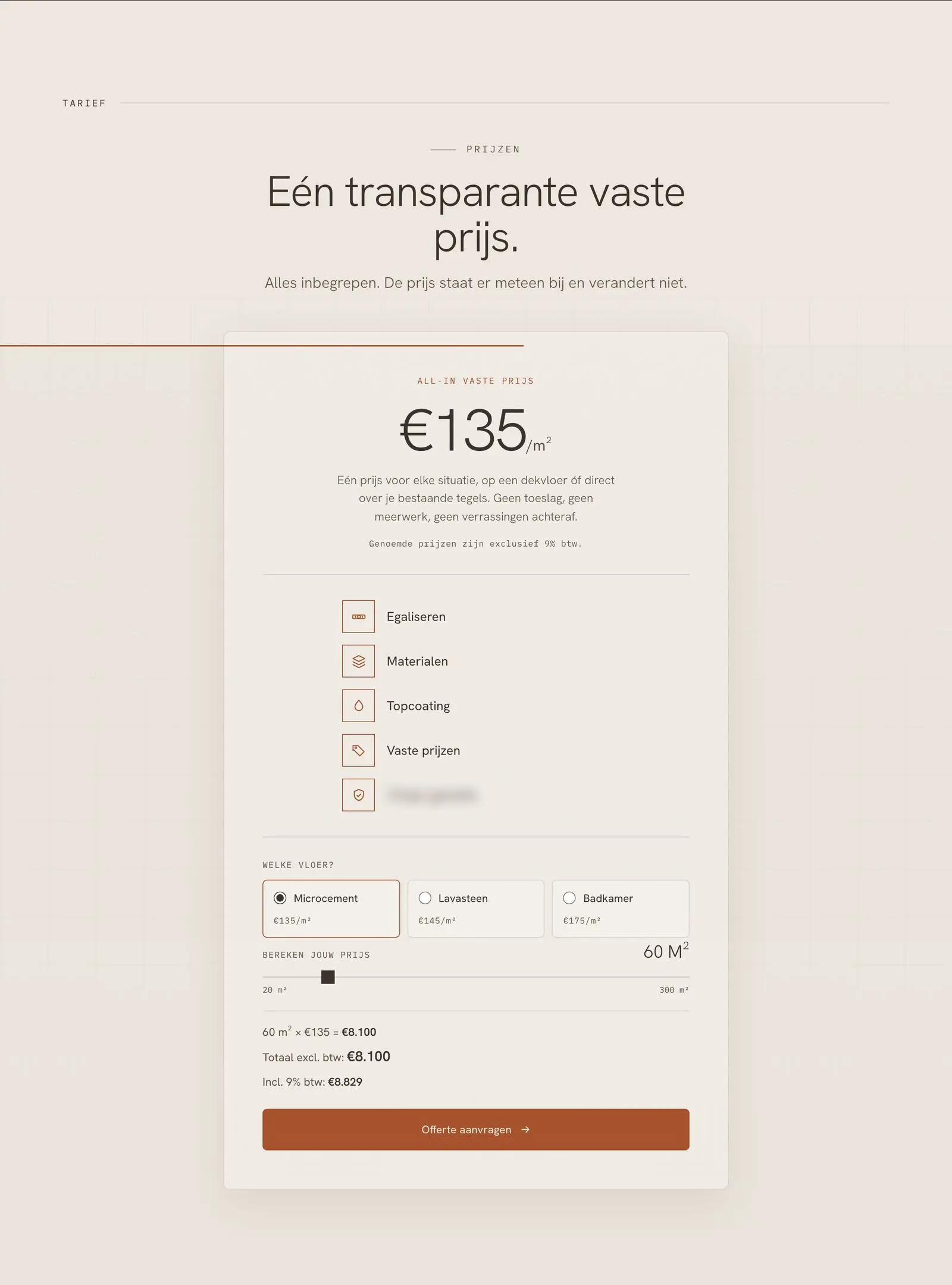 De prijsrekenaar op casapietra.nl: kies een soort vloer, schuif de oppervlakte en zie meteen het totaal.