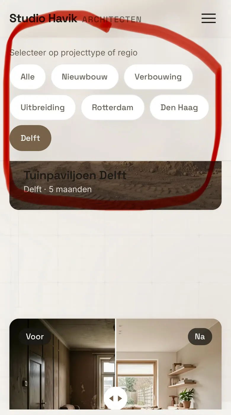 Tims telefoonscherm van 8 juni om 20:33: de filterknoppen op de projectenpagina, rood omcirkeld omdat ze een projectkaart half bedekken