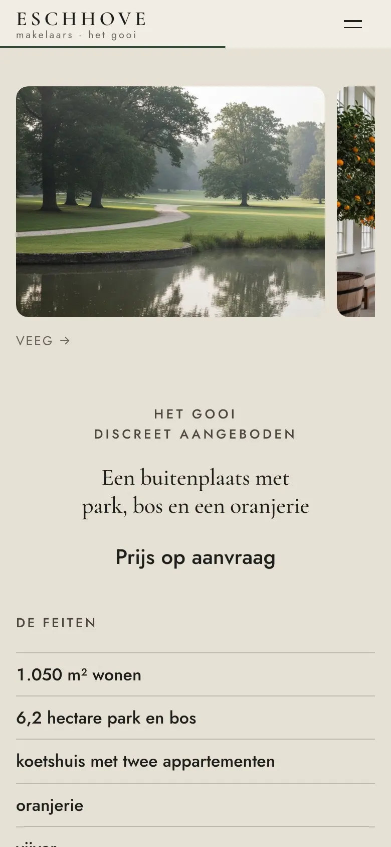 Een discrete woning op de aanbodpagina: een park met vijver, een swipe-strook met foto's, de kop «Een buitenplaats met park, bos en een oranjerie» en «Prijs op aanvraag»