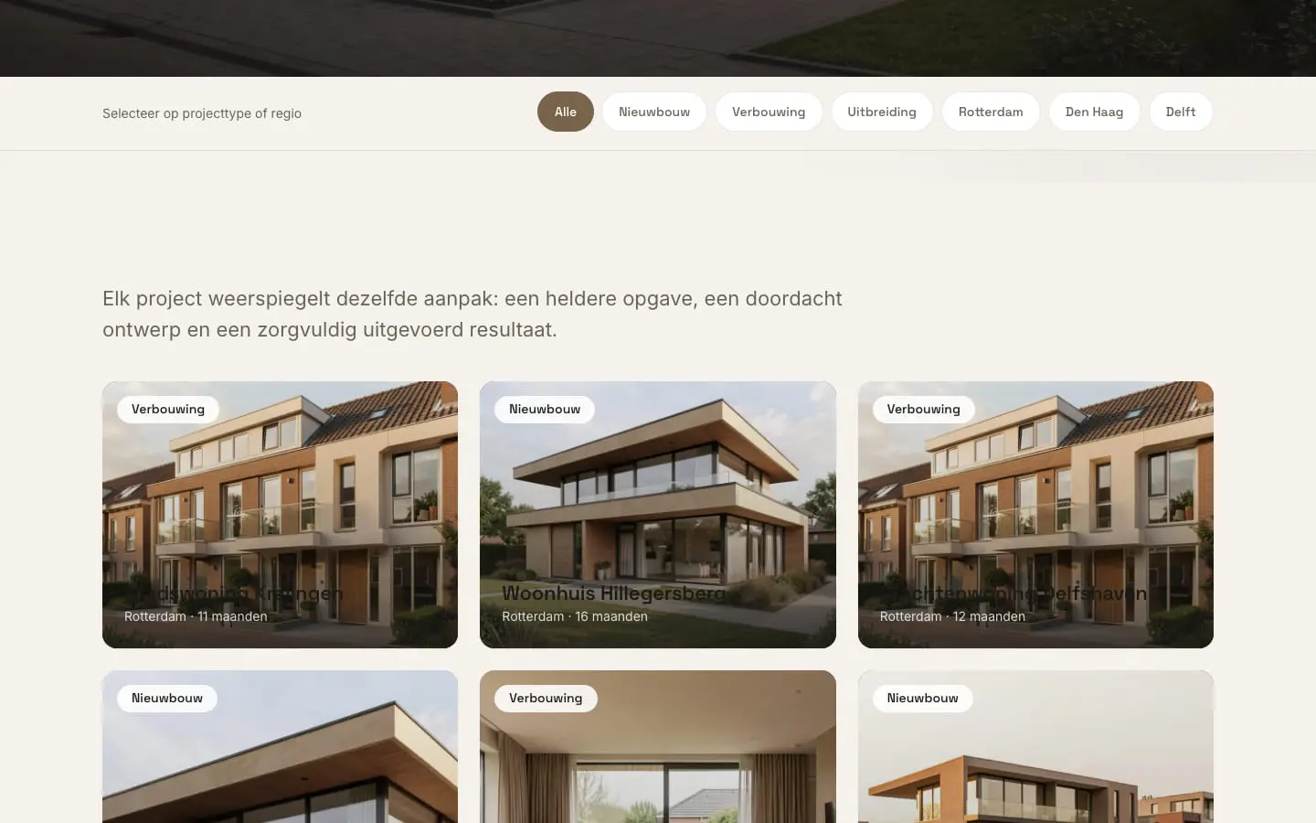 De projectenpagina van Studio Havik: een balk met filterknoppen op type en regio, daaronder projectkaarten met foto's van woningen
