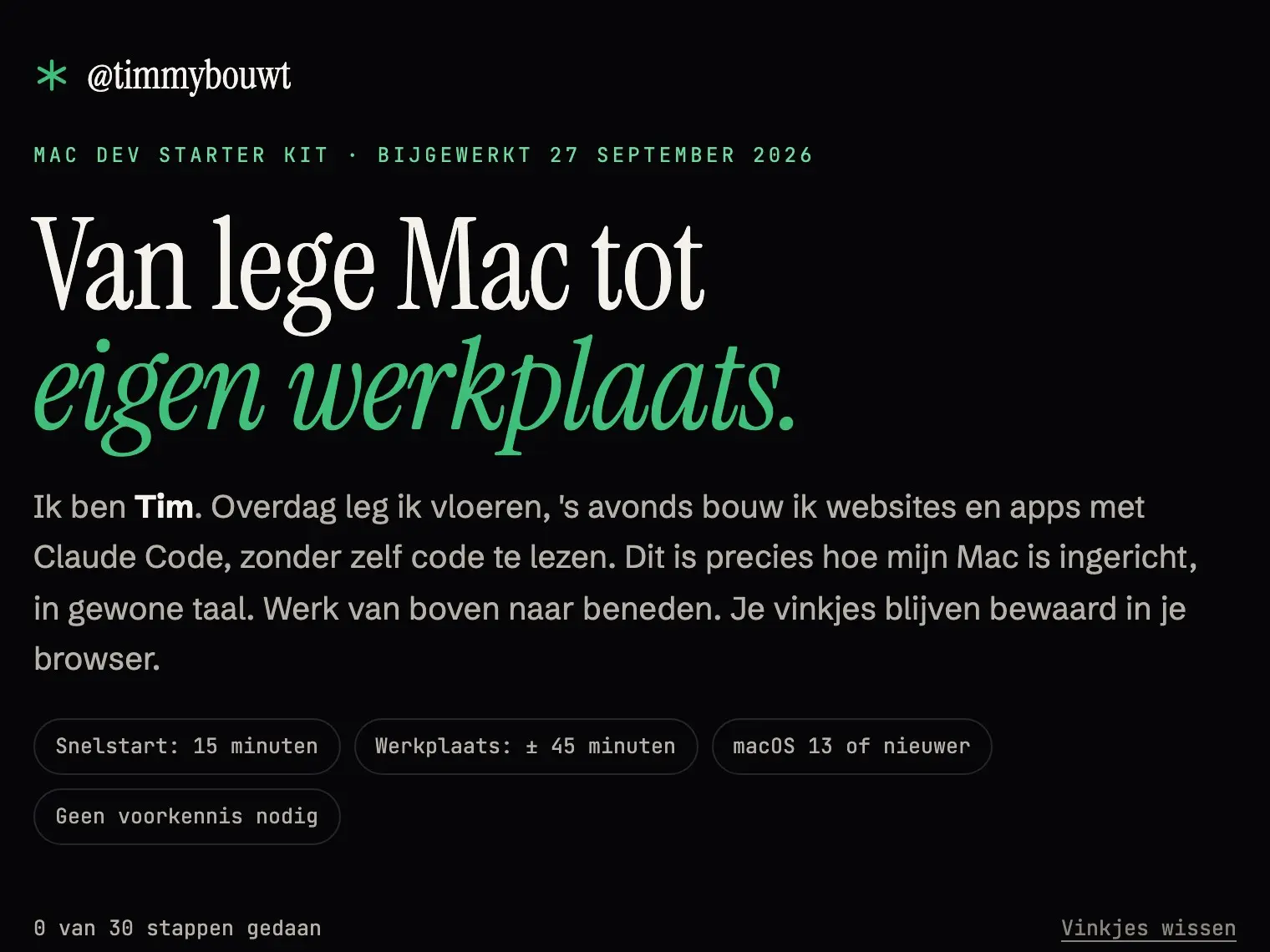 De eerste pagina van de Mac Dev Starter Kit: Van lege Mac tot eigen werkplaats