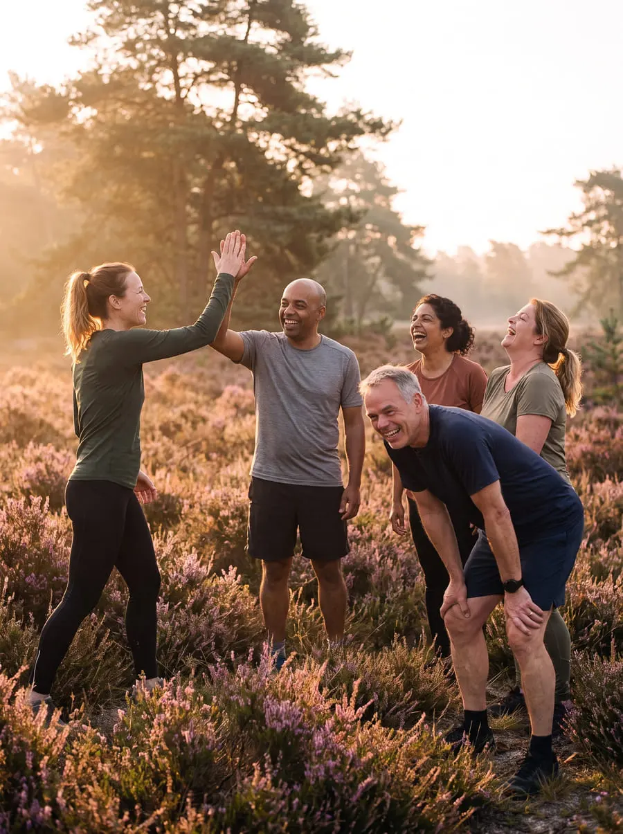 De foto van de high five zoals hij werd: de trainer geeft een high five, de groep lacht op de heide