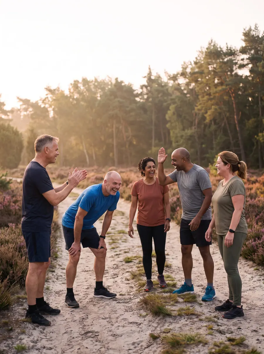 De eerste foto van de high five: vijf mensen op een zandpad, de trainer ontbreekt en er staat iemand extra