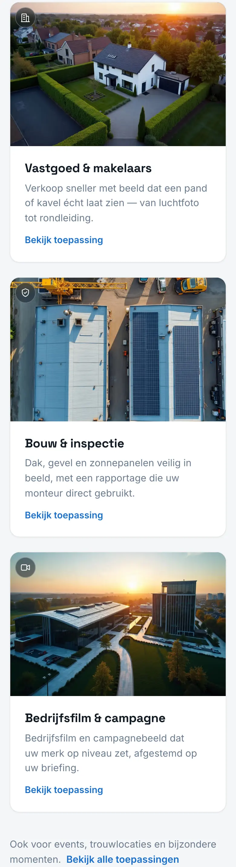 De diensten op de eerste versie van BOVEN op een telefoon: drie lichte kaarten met een luchtfoto, en events als losse regel