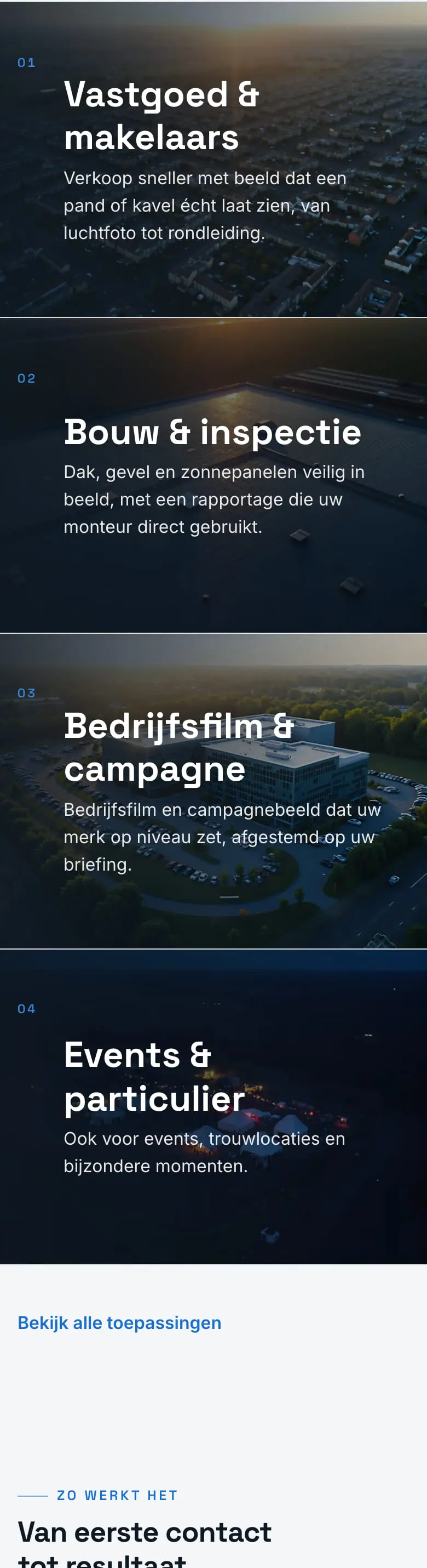 De diensten op de huidige versie van BOVEN op een telefoon: vier donkere banen over de volle breedte, genummerd 01 tot 04