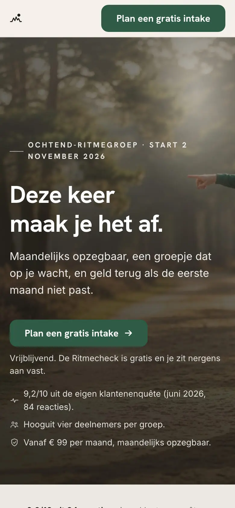 De landingspagina van Buitenritme op een telefoon: bovenin het logo en één groene knop, daaronder de kop Deze keer maak je het af.