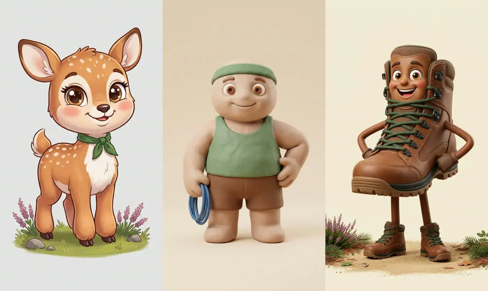 Drie figuren naast elkaar: een getekend reekalf met een groene sjaal, een poppetje van klei en een wandelschoen met een gezicht