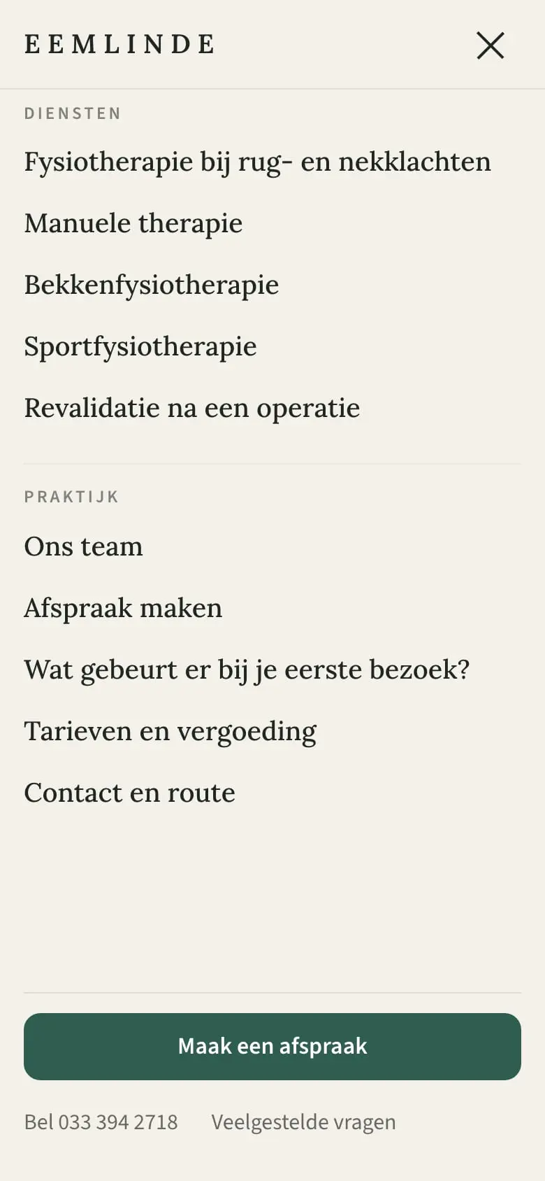Het geopende menu op de telefoon: de diensten en de praktijkpagina’s onder elkaar, onderaan de groene knop Maak een afspraak en het telefoonnummer om te bellen.