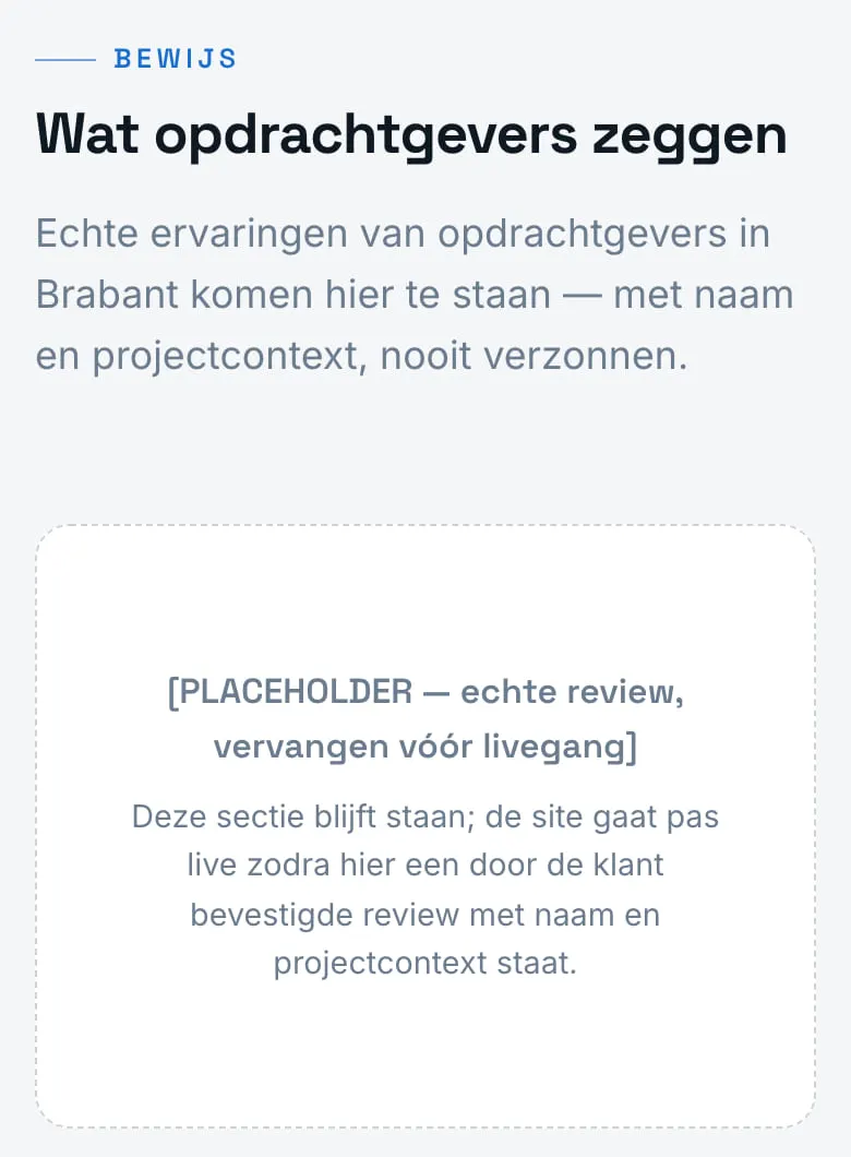 Het blok Bewijs op de eerste versie van BOVEN: een leeg kader met de tekst PLACEHOLDER, echte review, vervangen vóór livegang