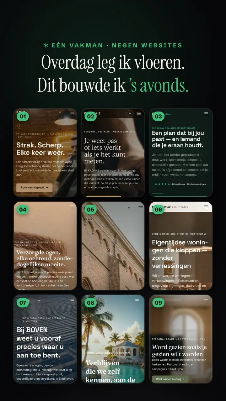 Beeld uit aflevering 1: negen websites op een rij, elk op een telefoon, onder de kop Eén vakman, negen websites