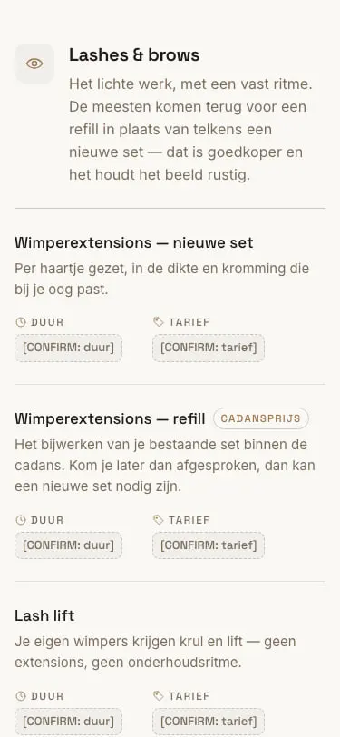 De tarievenpagina van BLIK zoals de bouwlus hem maakte: bij elke behandeling staan duur en tarief in een grijs vakje met CONFIRM