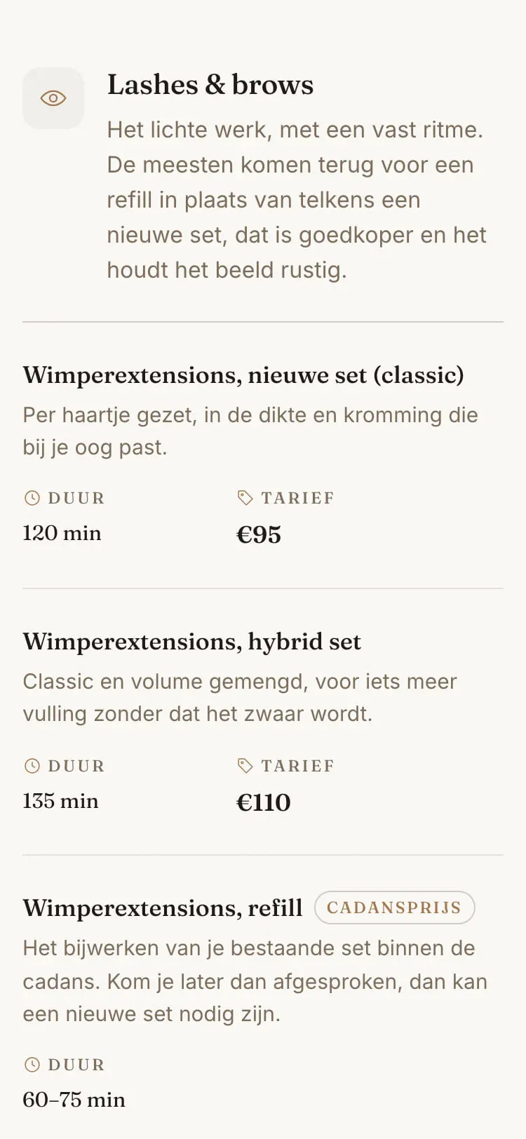 Dezelfde plek op de tarievenpagina van BLIK nu: bij elke behandeling staan een duur en een bedrag