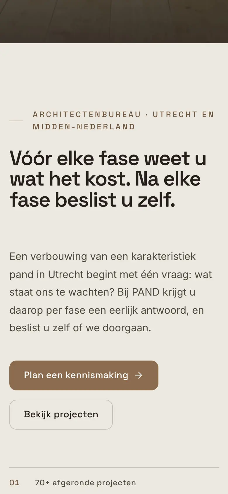 De opening van de homepage van PAND in het dagthema: donkere letters op kalkwit