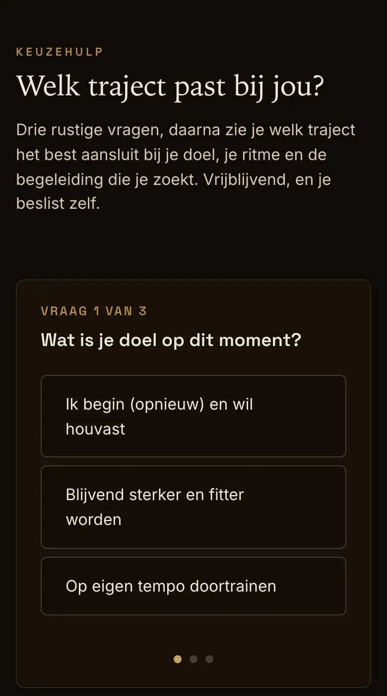 De keuzehulp van KADANS op een telefoon: vraag 1 van 3, wat is je doel op dit moment, met drie antwoorden om op te tikken