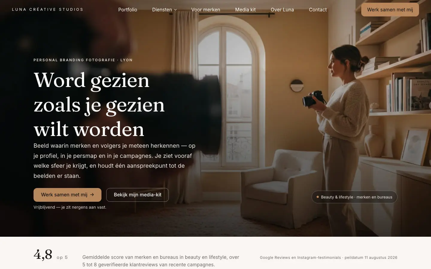 De homepage van Luna zoals hij nu online staat, met de kop Word gezien zoals je gezien wilt worden