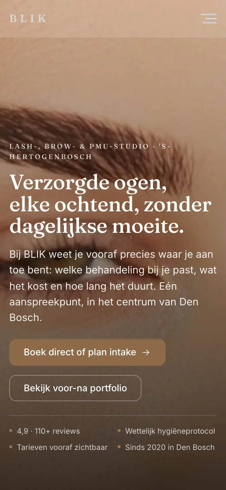 De homepage van BLIK op 22 juli: een licht, scherp beeld van een oog en wenkbrauw achter de kop