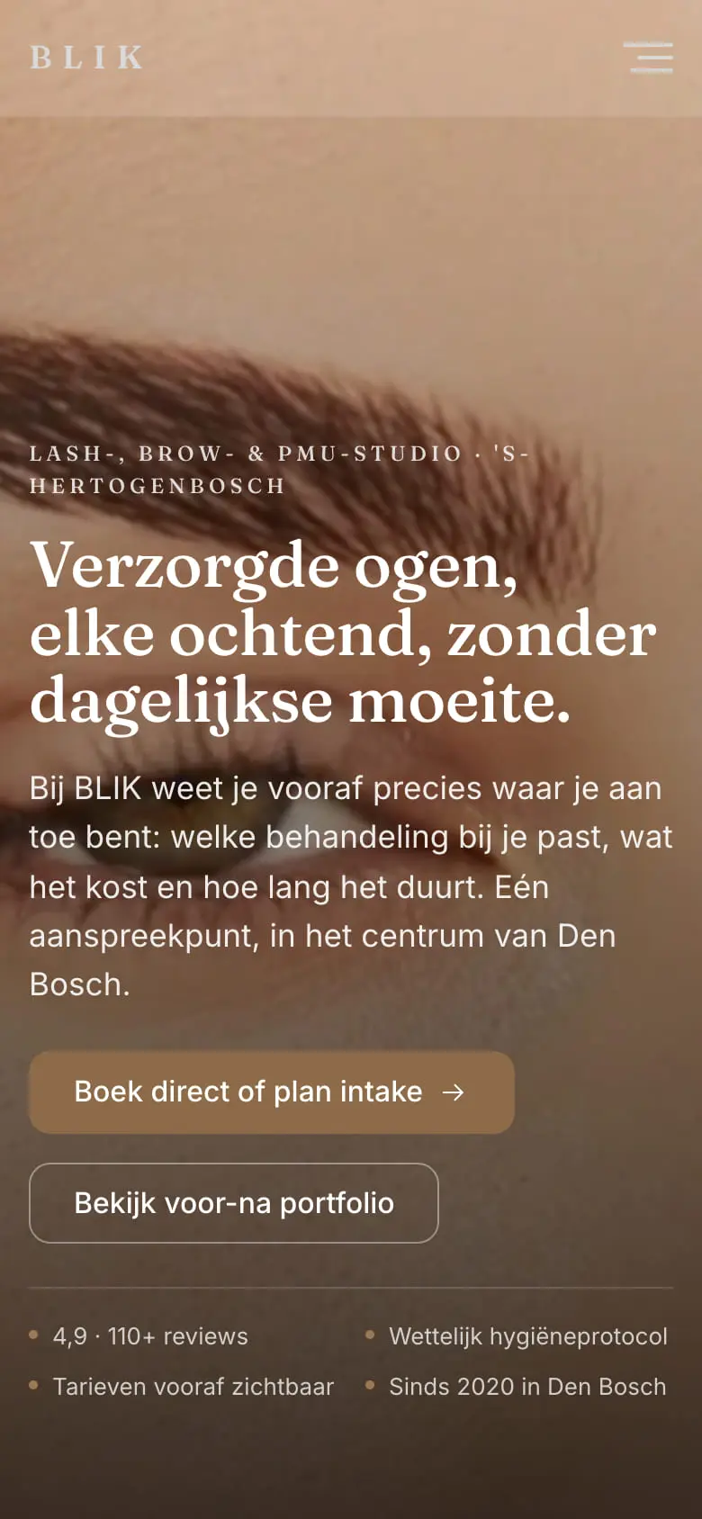 De homepage van BLIK op 22 juli: een licht, scherp beeld van een oog en wenkbrauw achter de kop