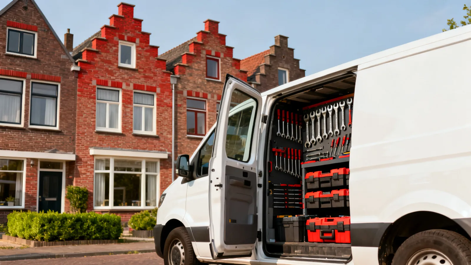 Bedrijfsbus van Blauwvoet voor een huis